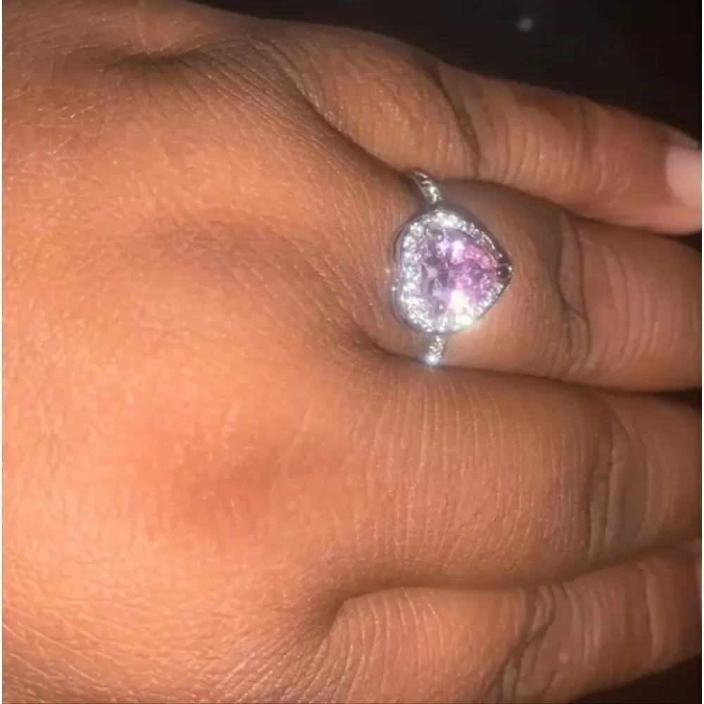 Ladies Pink Lab Created Diamond Trendy heart promise ring sz 7